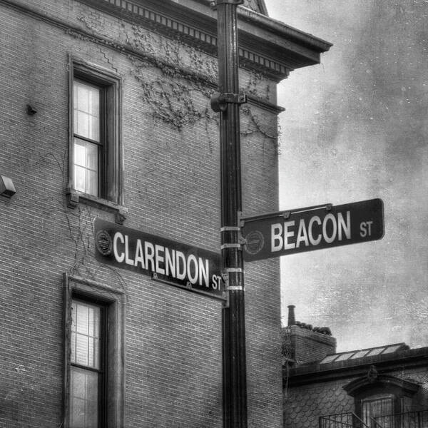  Poster featuring the photograph Beacon Street Sign Boston Back Bay Urban Scene in Black and White by Joann Vitali