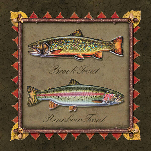 Jon Q Wright Jq Licensing Trout Fly Flyfishing Brown Trout Rainbow Trout Brook Trout Cutthroat Trout Fishing Lodge Cabin Poster featuring the painting Brook and Rainbow trout by JQ Licensing