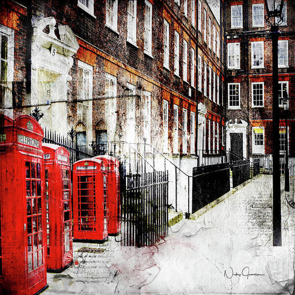 London; England; British; Britart; Red; Lincoln's Inn; Architecture; Windows; Doors; Telephonebox; Uk; Britan; Greatbritain; English; Britishartist; Grunge; Legal; District; Law; Digitalart; Wallart; Online Art Gallery Poster featuring the digital art Old Square by Nicky Jameson