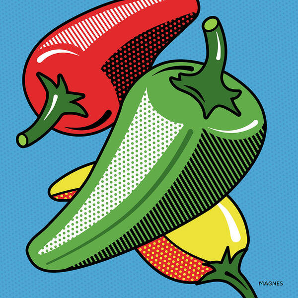Pop Art Poster featuring the digital art Hot Peppers on Blue by Ron Magnes