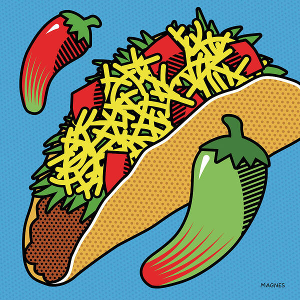 Pop Art Poster featuring the digital art Taco on Blue by Ron Magnes