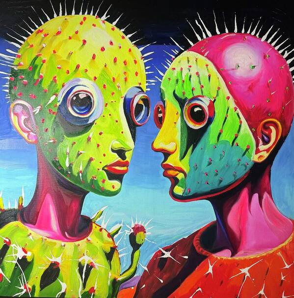 Cactus Technicolor Hybrid Vibrant Pink Green Abstract Poster featuring the painting technicolor cacti Voyeurs #3 by Kasey Jones