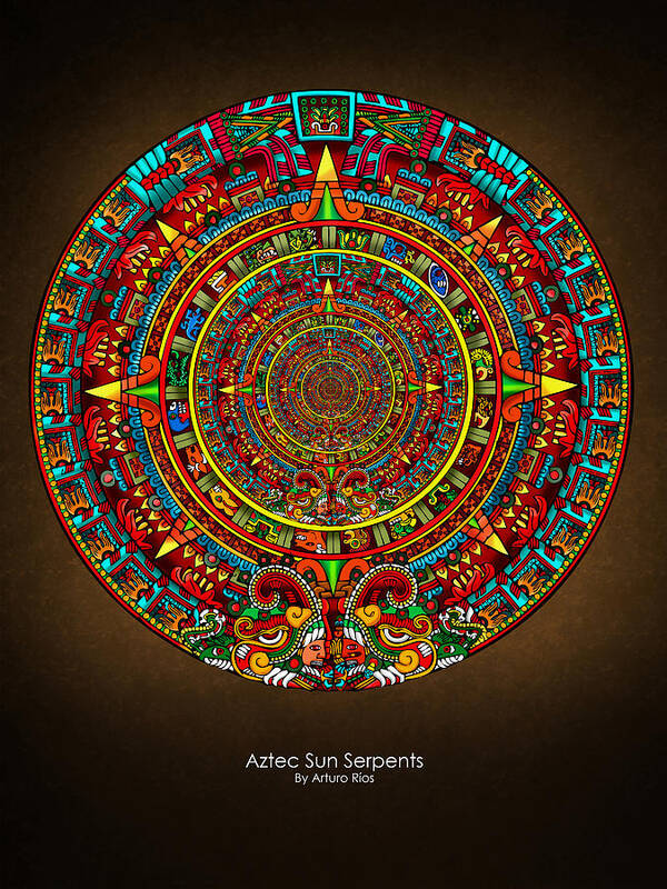 Aztec Poster featuring the mixed media Aztec Sun Serpents by Arturo Rios Mercado