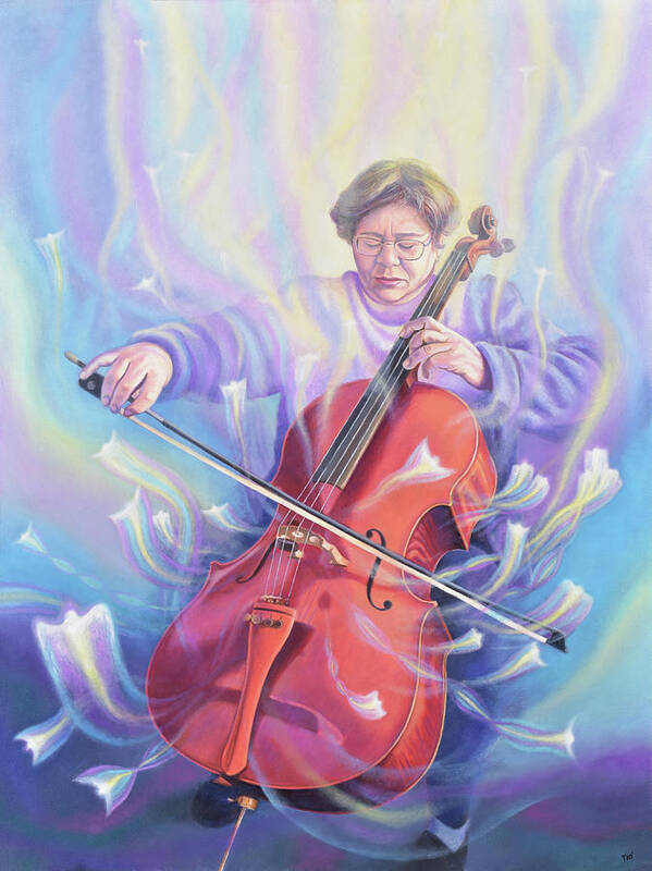 Music Poster featuring the painting The Cellist by Miguel Tio