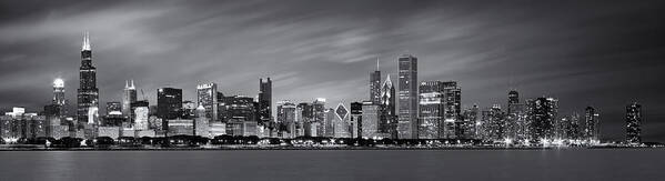 3scape Poster featuring the photograph Chicago Skyline at Night Black and White Panoramic by Adam Romanowicz