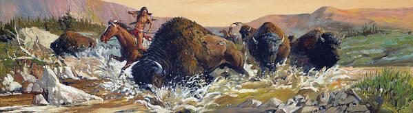 Outdoor Poster featuring the painting Buffalo Hunt #1 by Joe Ferrara