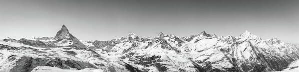 Alpine Poster featuring the photograph The Matterhorn and Swiss Mountains Panorama BW by Rick Deacon