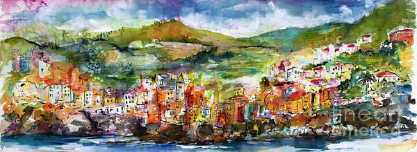 Italy Poster featuring the painting Riomaggiore Panorama Cinque Terre Italy by Ginette Callaway