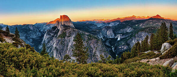 California Poster featuring the photograph Half Dome Sunset at Yosemite Panorama by Dan Carmichael
