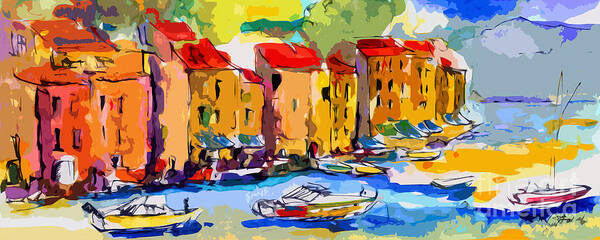 Abstract Poster featuring the painting Abstract Portofino Italy and Boats by Ginette Callaway
