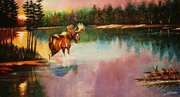 Moose Poster featuring the painting A Pause Before Crossing by Al Brown