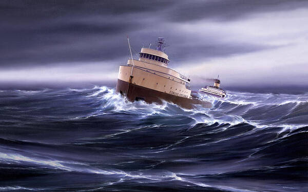 Transportation. Edmund Fitzgerald. Lake Superior. Marine Art. Great Lakes. Lake Superior Shipwrecks. Edmund Fitzgerald Canvas Prints. Captain Bud Robinson. Heavy Weather. Ships In Storms. Freighter Art. Great Lakes Ships. Great Lakes Freighters. Poster featuring the painting Wind and Sea Astern by Captain Bud Robinson