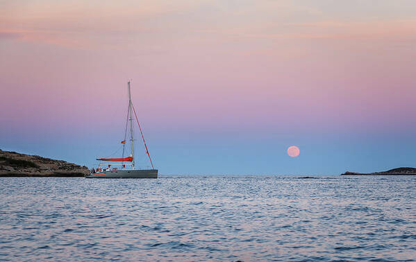 Boat Poster featuring the photograph Moonrise At Sunset by Rick Deacon
