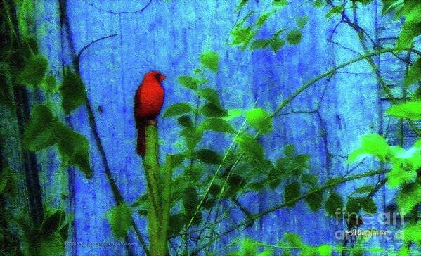 Earth Day Poster featuring the photograph Redbird Enjoying the Clarity of a Blue and Green Moment by Aberjhani