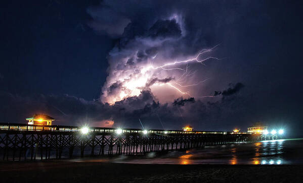Folly Beach Poster featuring the photograph Lightning over the Pier at Folly Beach by Doug Sims