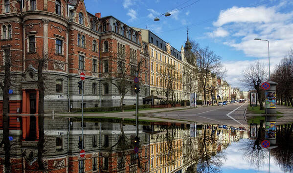 #city#street#water#flood#rain#colours#sky#reflection#travel#riga#latvia#clouds# Poster featuring the photograph after the rain...Riga Latvia by Aleksandrs Drozdovs