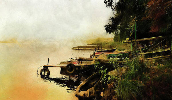 #river#water#boats#autumn#gold#fog#trees#city#pier#old#art#digital#painting#sky#photo Art #photo Painting Poster featuring the mixed media Pier In Gold by Aleksandrs Drozdovs
