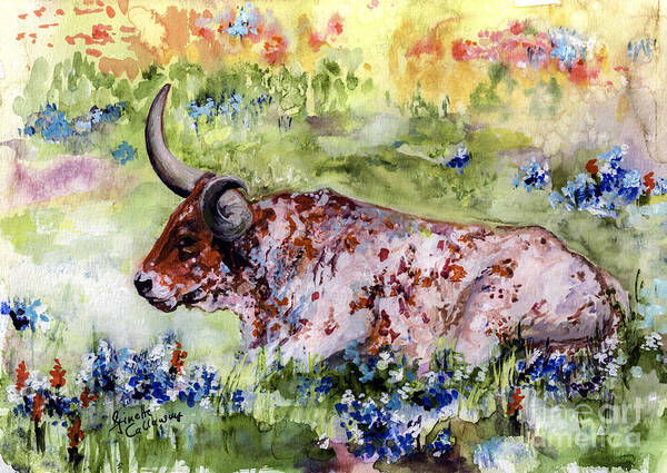 Texas Poster featuring the painting Texas Longhorn In Blue Bonnets by Ginette Callaway