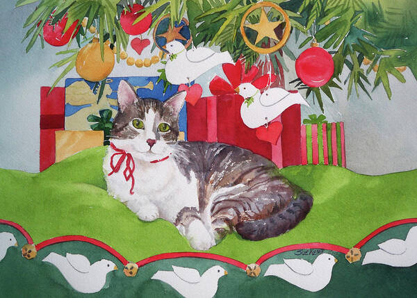 Tabby Cat Poster featuring the painting Christmas Kitty by Sue Kemp