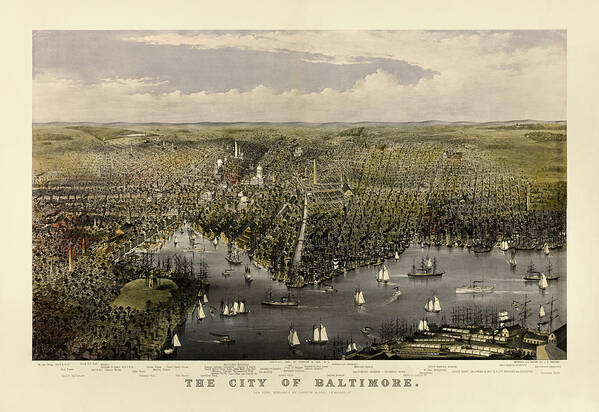 Baltimore Poster featuring the drawing Antique Map of Baltimore, Maryland, Currier and Ives, 1880 by Blue Monocle