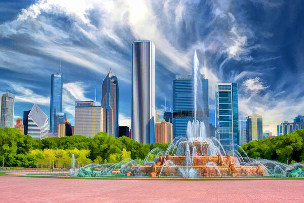 Buckingham Fountain Poster featuring the photograph Buckingham Fountain Chicago Skyscrapers by Christopher Arndt
