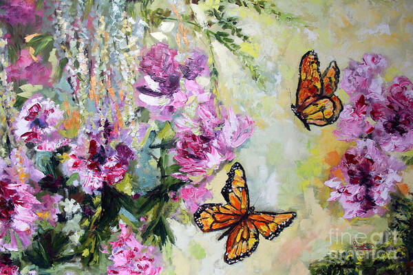 Impressionism Poster featuring the painting Monarch Butterflies and Peonies by Ginette Callaway