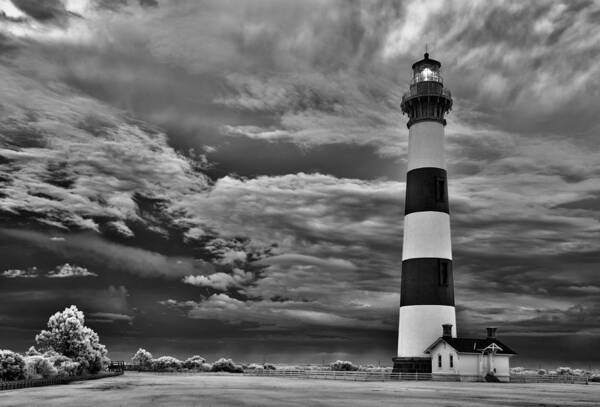 Outer Banks Poster featuring the photograph outer Banks - Stormy Day at Bodie Lighthouse BW by Dan Carmichael