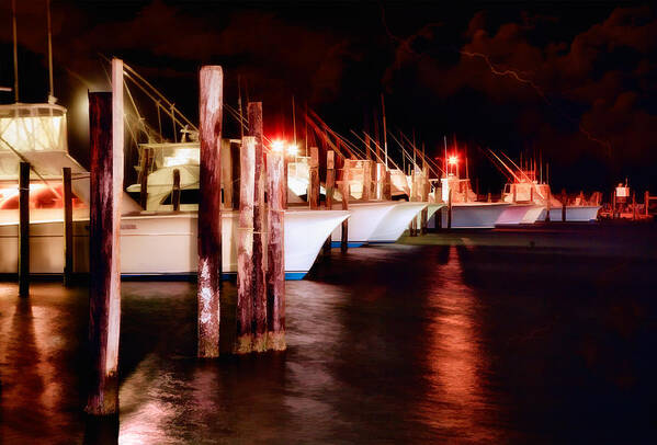 North Carolina Poster featuring the painting Stormy Night in the Marina - Outer Banks by Dan Carmichael