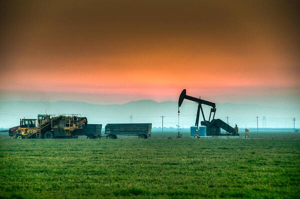 Agriculture Poster featuring the photograph Carrot Harvest Oil Rig after Sunset by Connie Cooper-Edwards