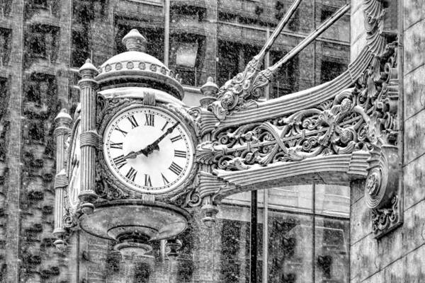 Chicago Poster featuring the photograph Chicago Marshall Field State Street Clock Black and White by Christopher Arndt