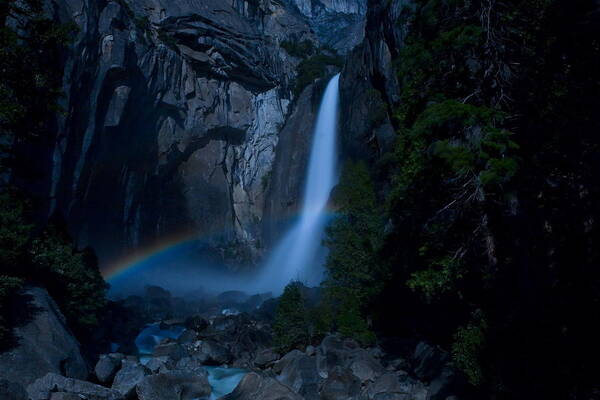 Landscape Poster featuring the photograph Lower Yosemite Falls Moonbow by Jim Dohms