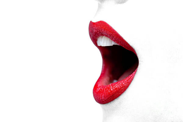 Woman Poster featuring the photograph Womans mouth wide open with red lipstick. by Richard Thomas