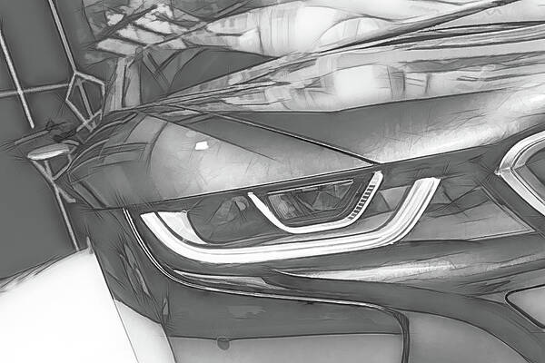 Bmw Poster featuring the digital art BMW i8 Front Abstract Black and White Sketch by Rick Deacon
