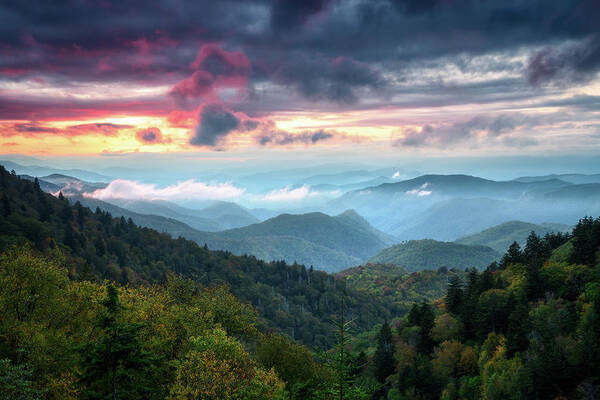 Great Smoky Mountains Poster featuring the photograph Great Smoky Mountains Sunset Landscape Cherokee North Carolina by Dave Allen