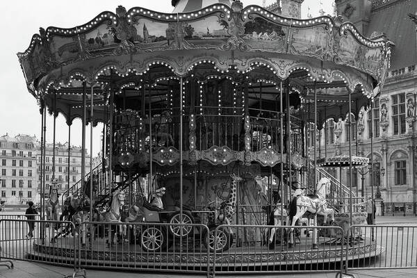 Paris Poster featuring the photograph Paris Merry Go Round in Mono by Georgia Clare