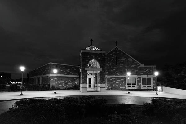 Church Poster featuring the photograph Church Night Entrance - Black and White by Deb Beausoleil