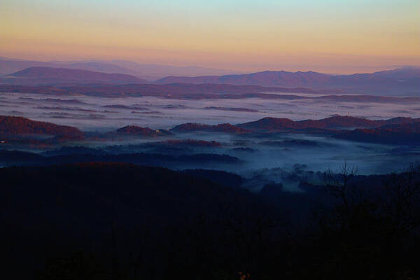 Blue Ridge Parkway Poster featuring the photograph Foggy Sunrise by Deb Beausoleil