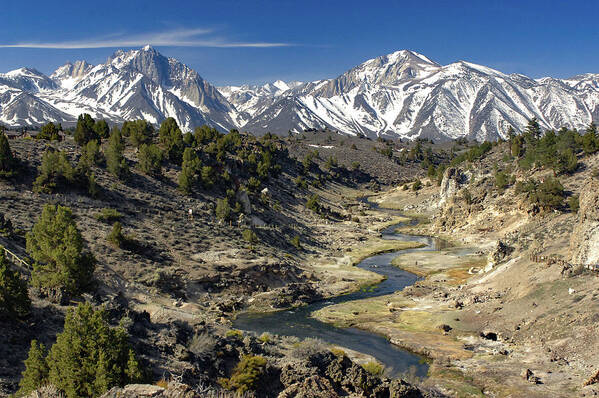 Hot Creek Poster featuring the photograph Hot Creek and Snow Peaked Sherwin Range by Bonnie Colgan