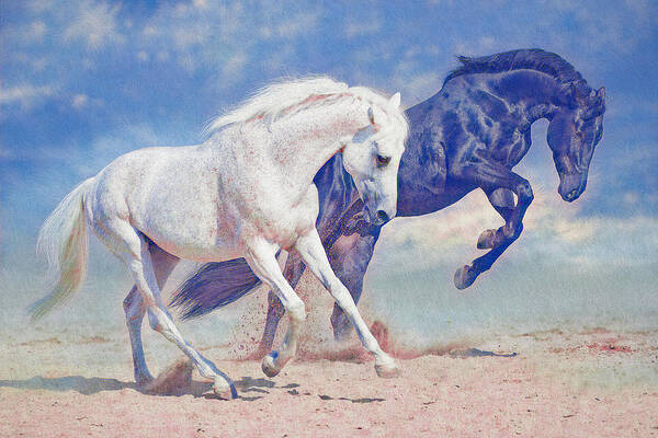 Two Horses Poster featuring the digital art Prancing Horses - blue by Steve Ladner