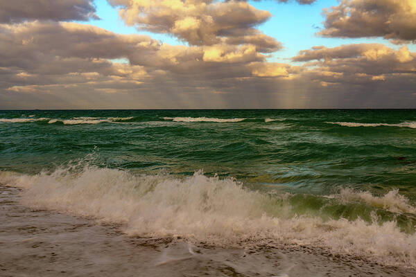 Miami Beach Poster featuring the photograph Surf, Sunrays and Clouds by Deb Beausoleil