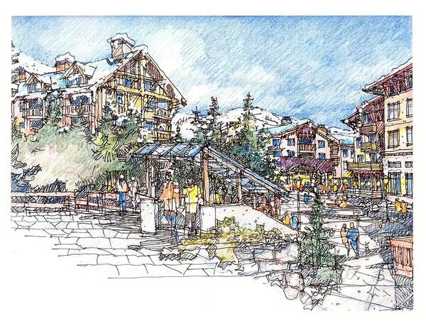 Architecture Pedestrian Mall Poster featuring the drawing Ski Village by Andrew Drozdowicz