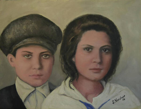 Italian Poster featuring the painting Italian Siblings on Ellis Island by Sandra Nardone