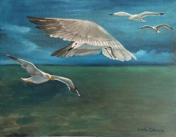 Seagulls Poster featuring the painting Seagulls over the Florida Keys by Linda Cabrera