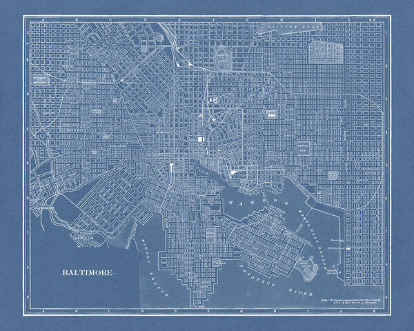 Antique Map Poster featuring the drawing Vintage Map of Baltimore, Maryland, 1901, Blueprint Style by Blue Monocle