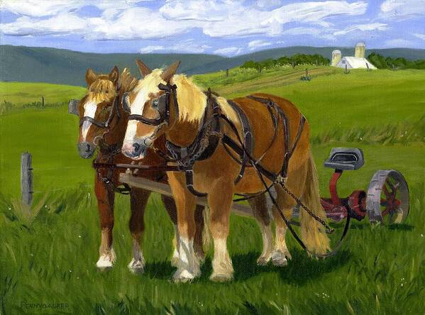 Amish Work Horses Poster featuring the painting A Pause in the Mowing by Barb Pennypacker