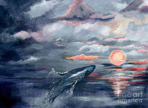  Poster featuring the painting Whale Jumping Ocean Sunset by Ginette Callaway