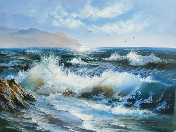 Seascape Poster featuring the painting Dancing Seagulls by Imagine Art Works Studio
