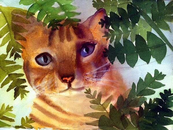 A Pet Cat Hides Behind Palms Poster featuring the print Hide and seek cat by George Markiewicz