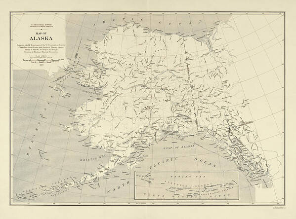 Map Poster featuring the drawing Old Alaska Map by the US Geological Survey - 1909 by Blue Monocle