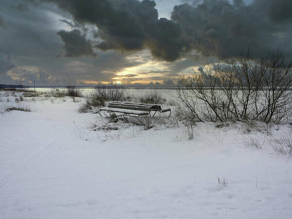 Wintertime Poster featuring the photograph Winter Beach At Sunset Time Jurmala by Aleksandrs Drozdovs